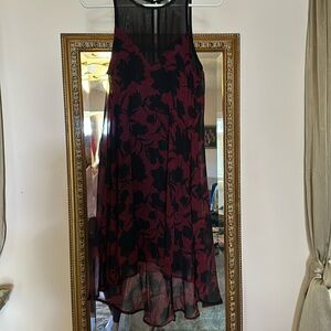 Burgundy and black swing dress with high to low back hemline